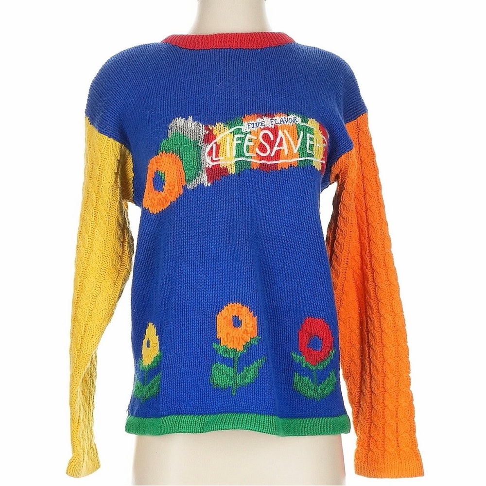 Vintage Color Block Life Savers Knit Sweater Small
